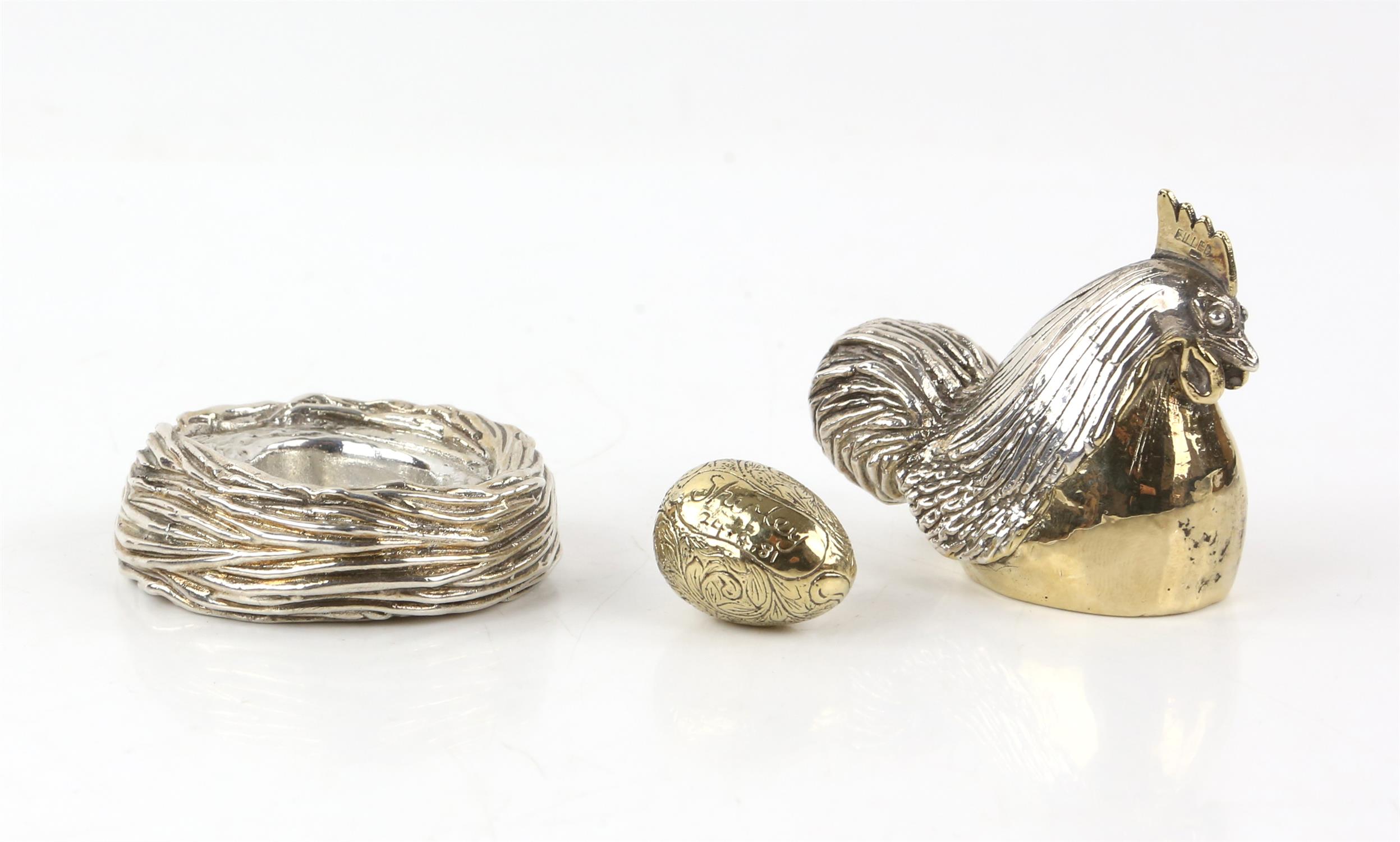 Three piece model of a filled silver chicken with gilt decoration on an egg within a nest by A Ltd, - Image 3 of 5