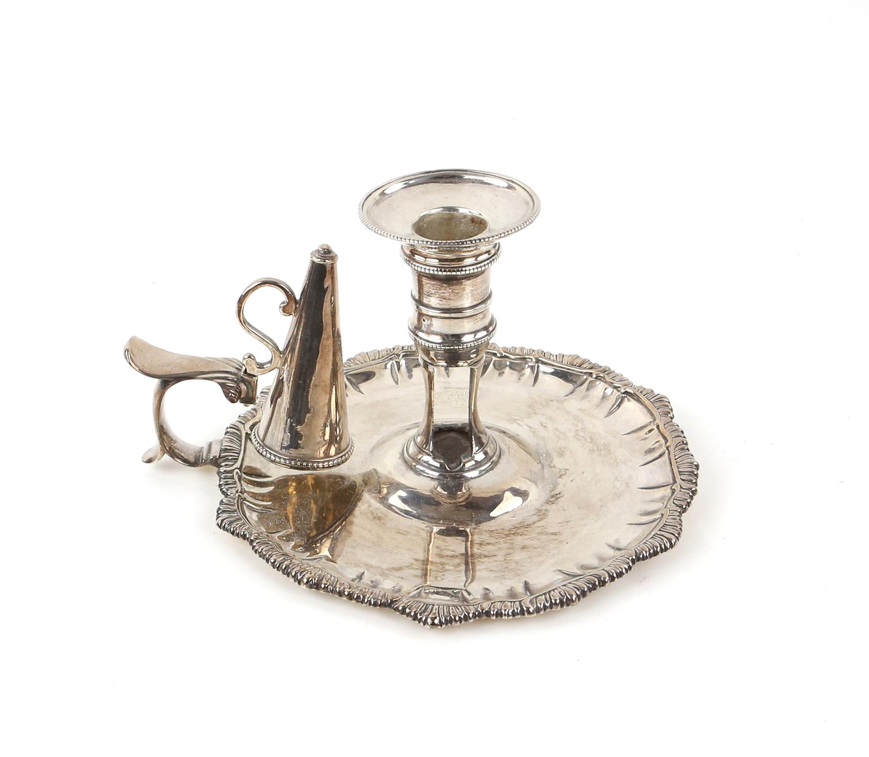 George III silver chamberstick and snuffer with gadrooned and beaded decoration, maker's mark