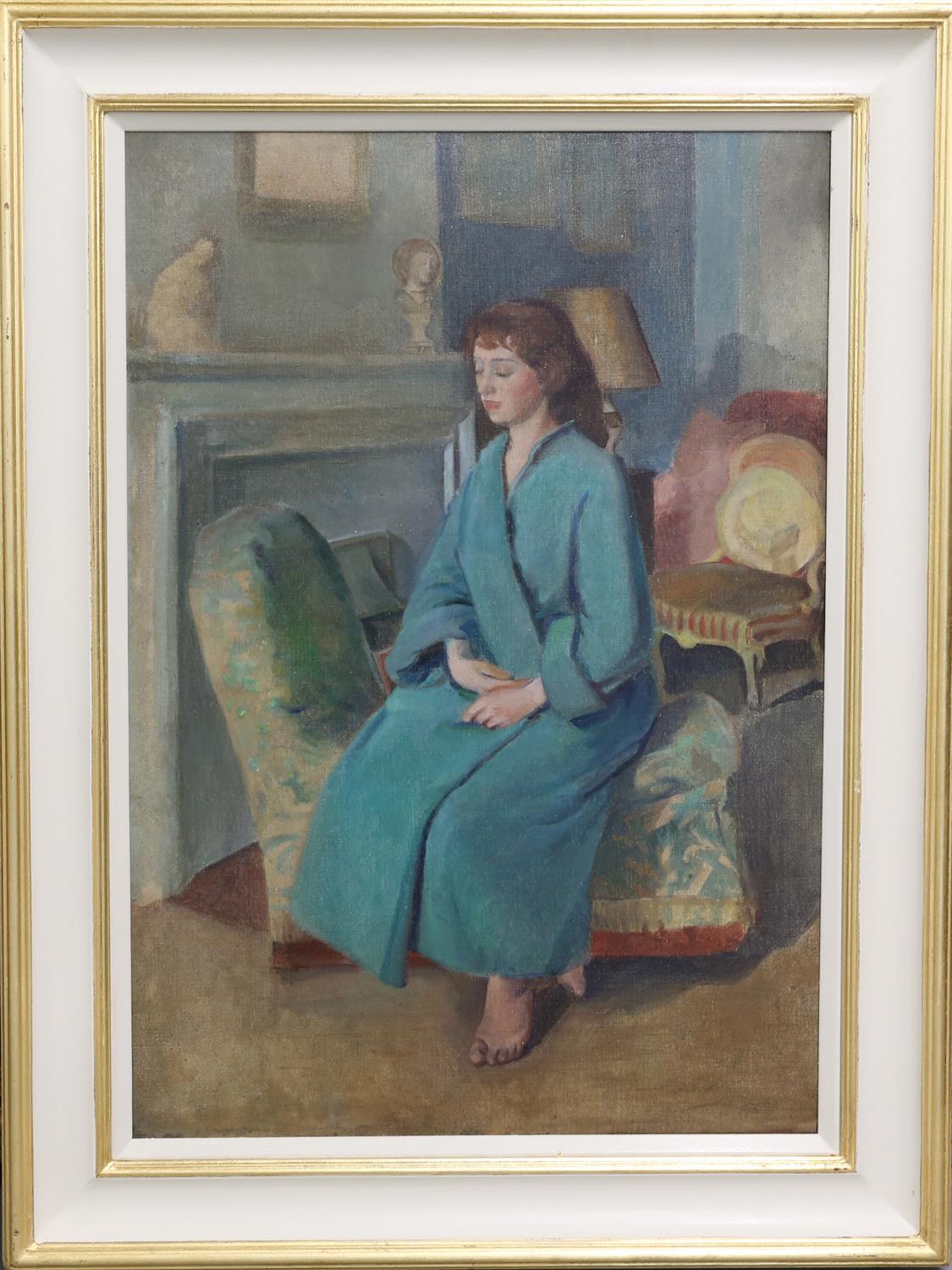 REVISED ESTIMATE Style of Francis Helps, 20th century, interior scene with a lady seated on a day - Image 2 of 2