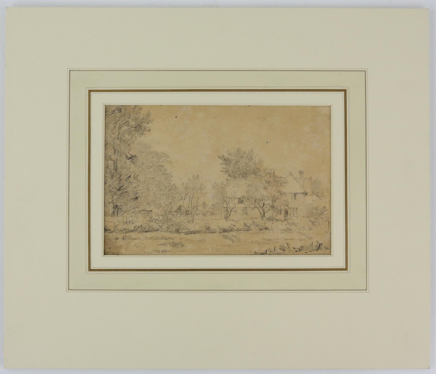 Patrick Nasmyth (British, 1787-1831), landscape with farm house and trees, signed, pencil drawing, - Image 2 of 2