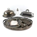 Silver plated wares to include a galleried tray, entree dish and cover, toast rack and other items,