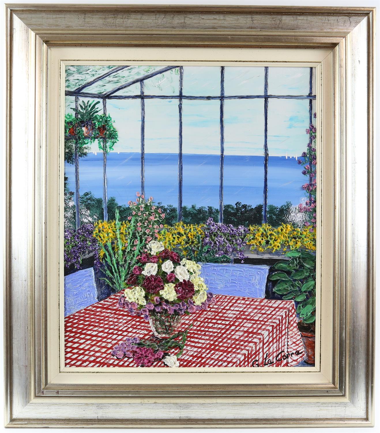 Guy le Corre, French 20th/21st century, 'La Veranda', signed, titled verso, oil on canvas, - Image 2 of 4