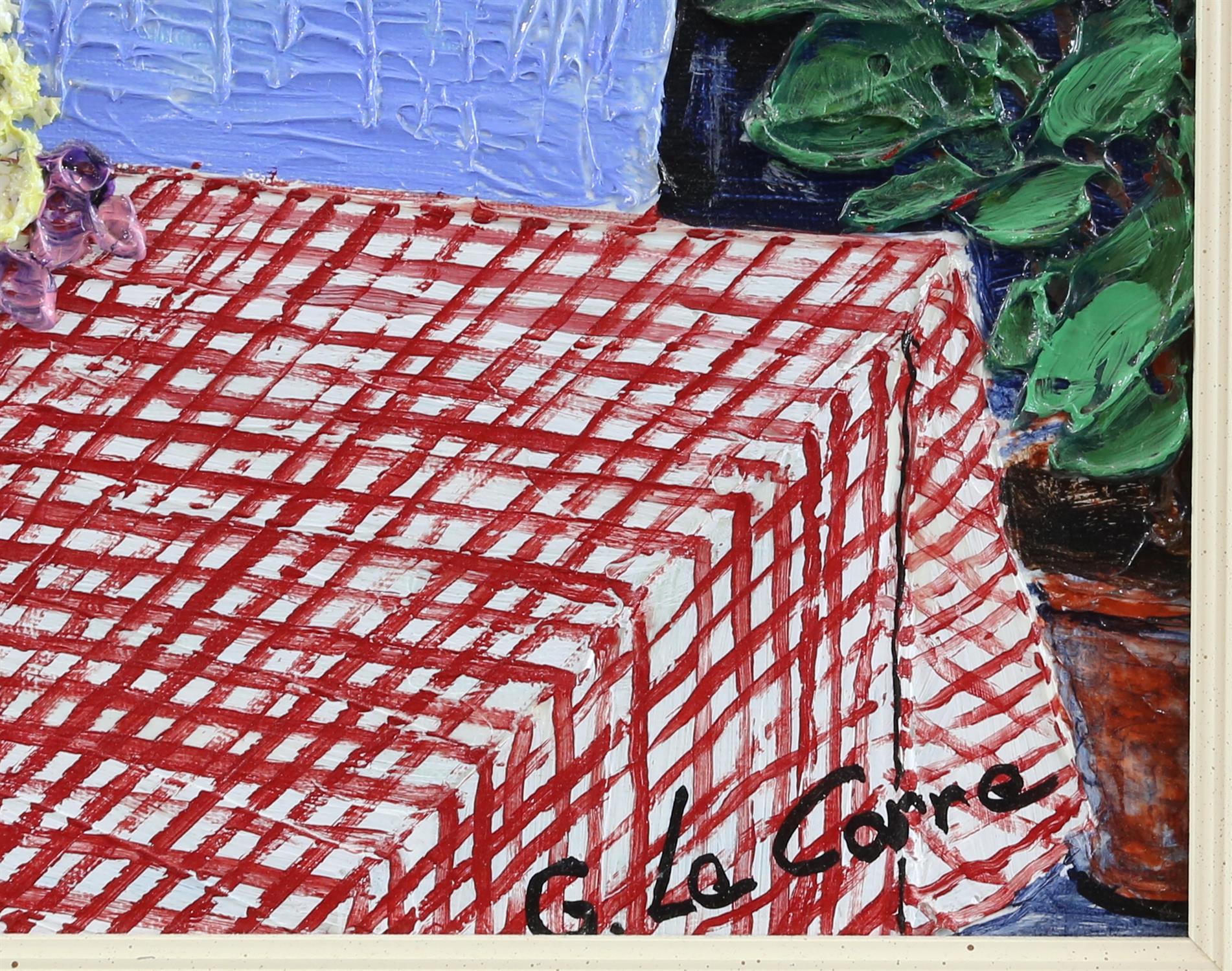 Guy le Corre, French 20th/21st century, 'La Veranda', signed, titled verso, oil on canvas, - Image 3 of 4