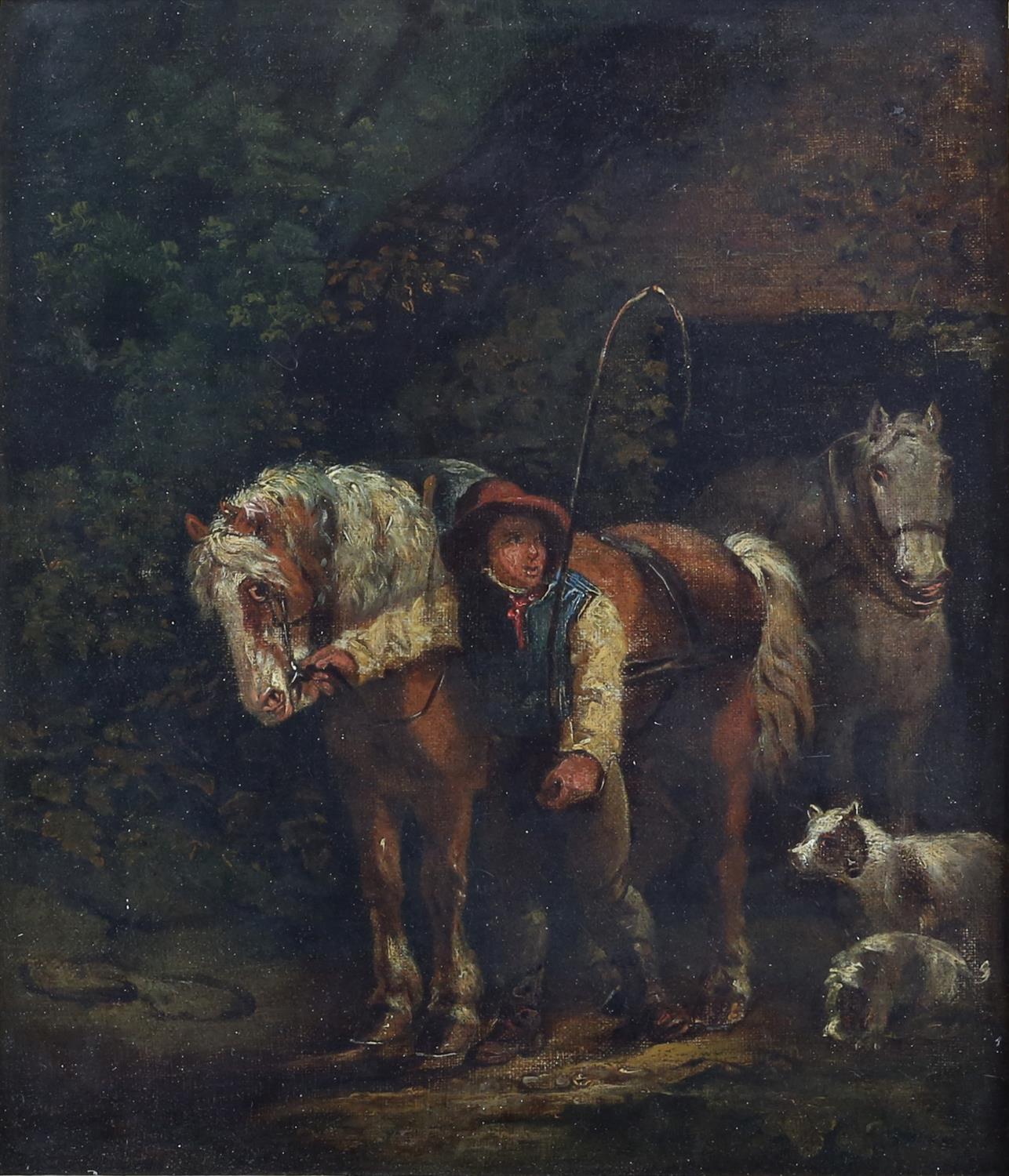 Style of George Morland, 19th century, stable hand with horses and dogs, oil on canvas, 34.