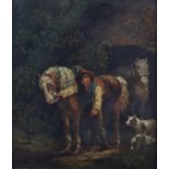 Style of George Morland, 19th century, stable hand with horses and dogs, oil on canvas, 34.