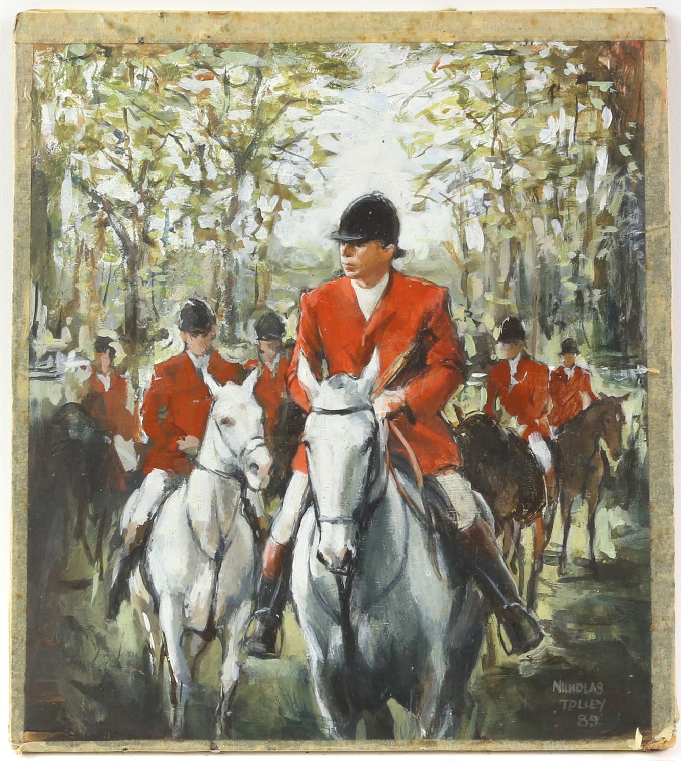 § Nicholas Tolley (British, b. 1958), huntsmen on horseback, signed and dated '89, oil on board, 21.