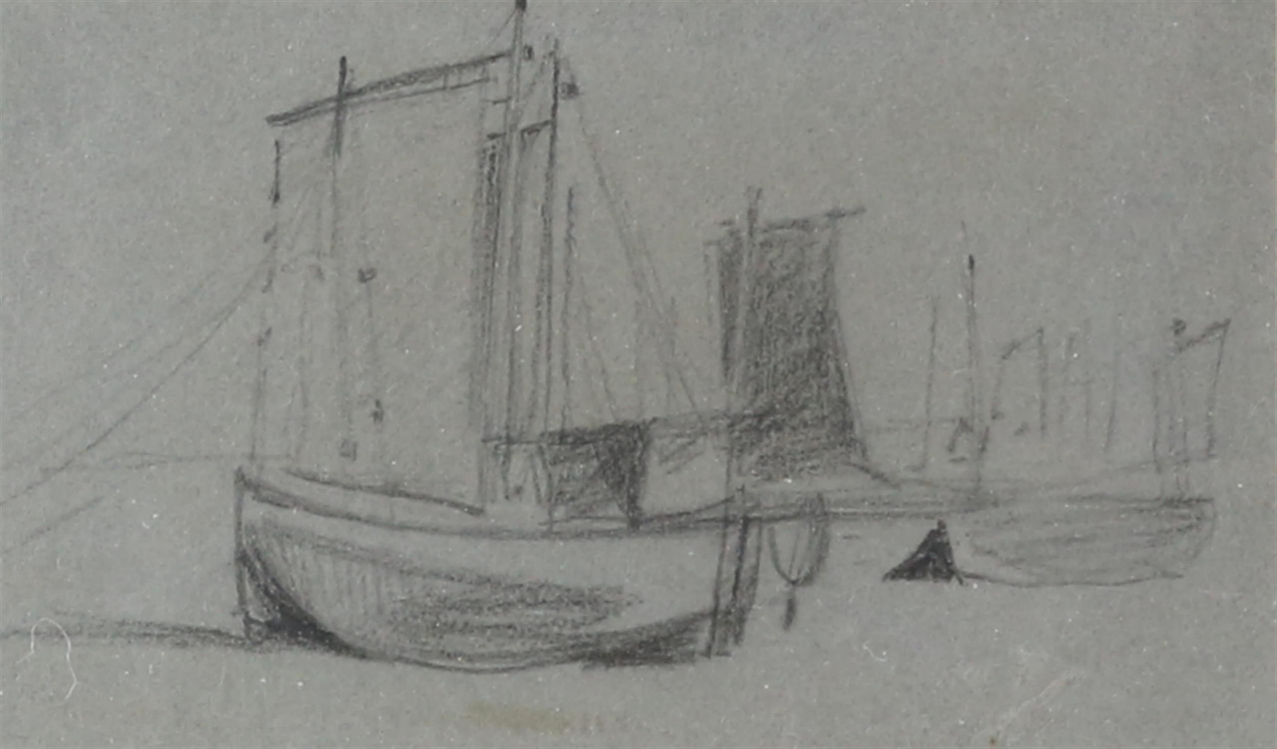 Peter de Wint (British, 1784-1849), 'Beached boats, sails drying', black chalk on grey paper,