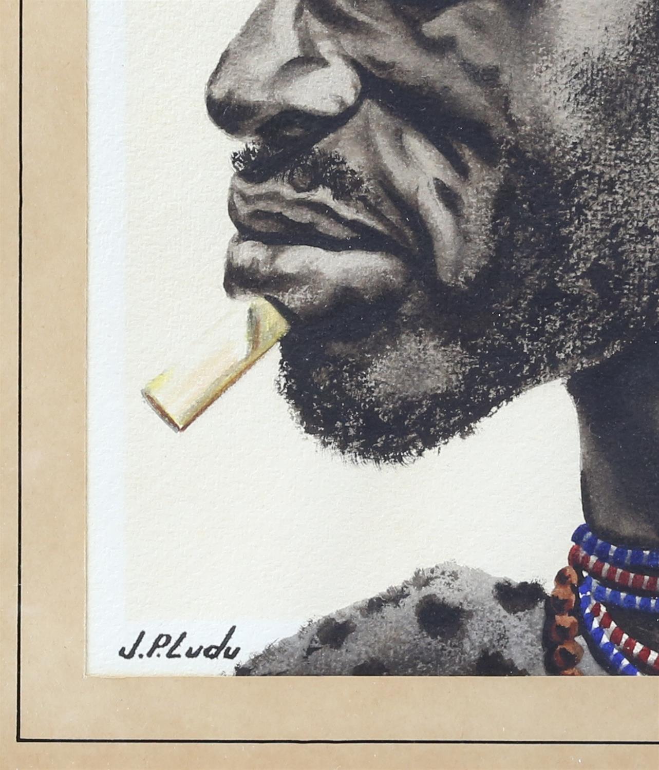 J P Ludu, 20th century, two portraits of African tribal elders, signed, watercolours, 42 x 28. - Image 5 of 5