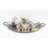 Silver plated twin-handled tray with beaded border, 77cm wide, pair of bottle holders,