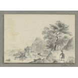 Ellen Orgen, British 19th century, a Scotsman on a road by a lochside castle, pencil drawing,