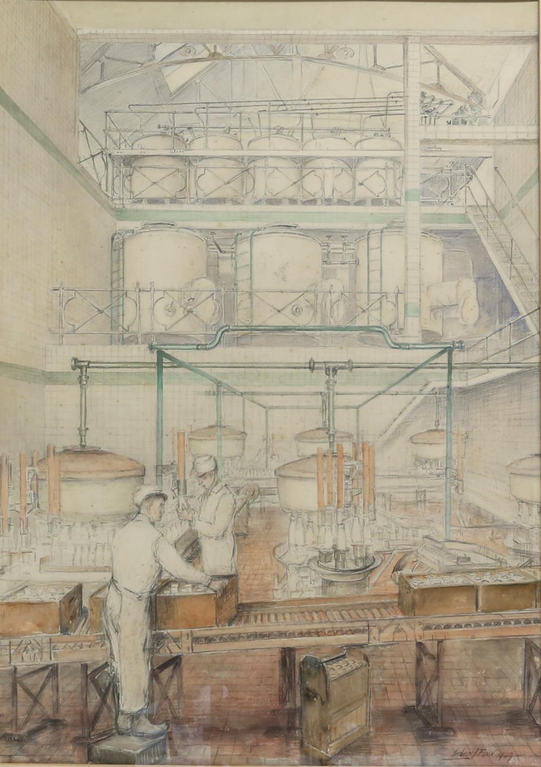 Herbert John Finn (1860-1942), 'Milk Bottle Filling and Capping', watercolour and pencil,