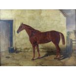 19th century watercolour on canvas depicting a horse in its stable. Signed and dated indistinctly