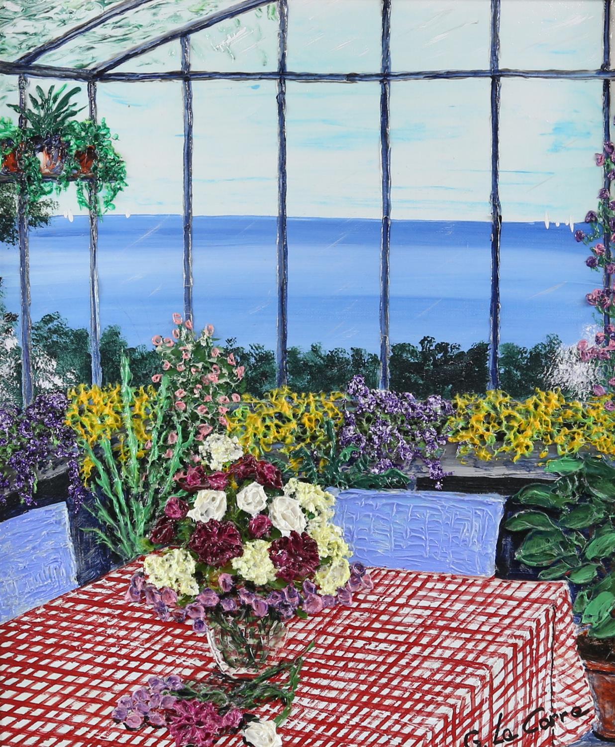 Guy le Corre, French 20th/21st century, 'La Veranda', signed, titled verso, oil on canvas,