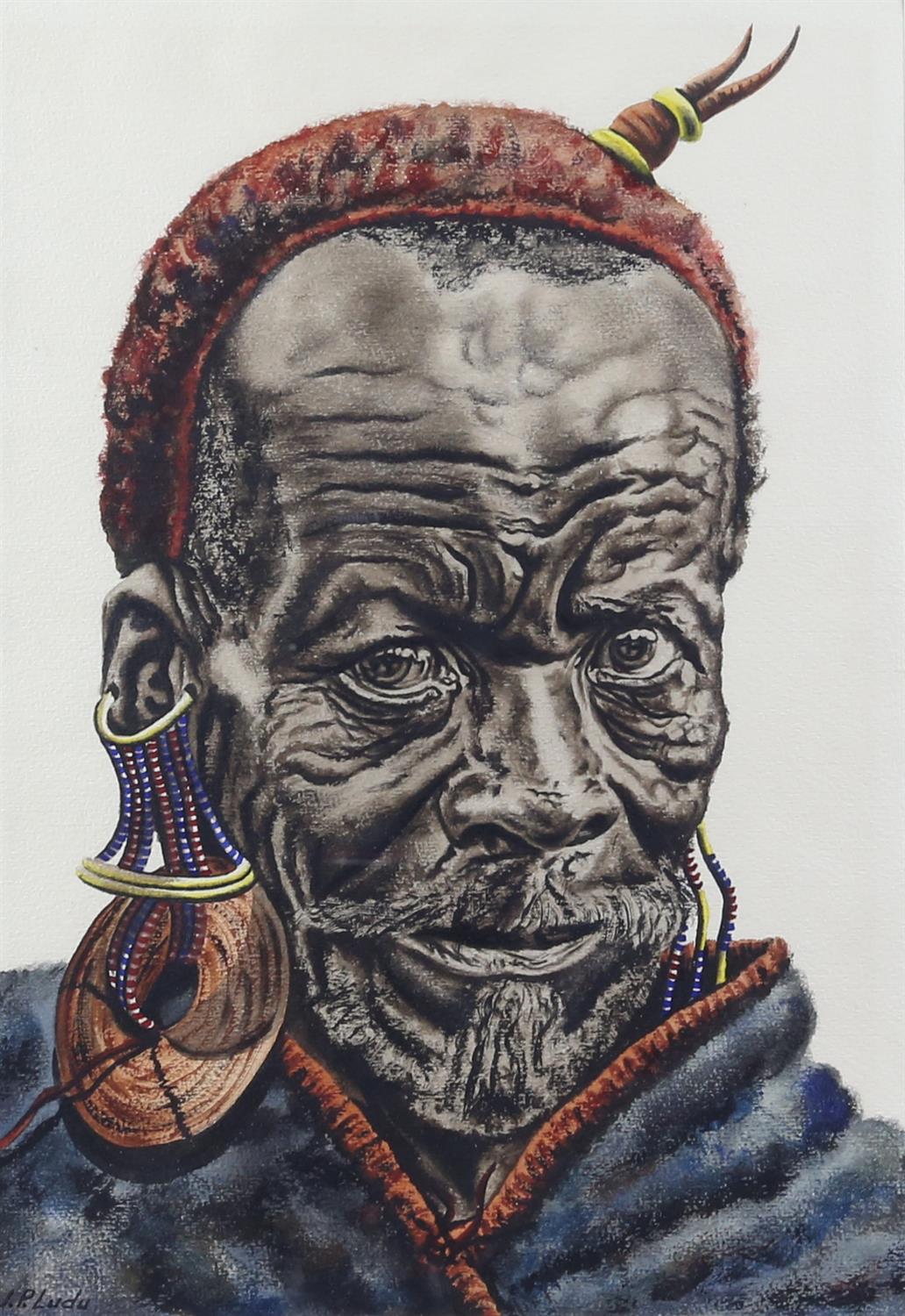 J P Ludu, 20th century, two portraits of African tribal elders, signed, watercolours, 42 x 28. - Image 2 of 5