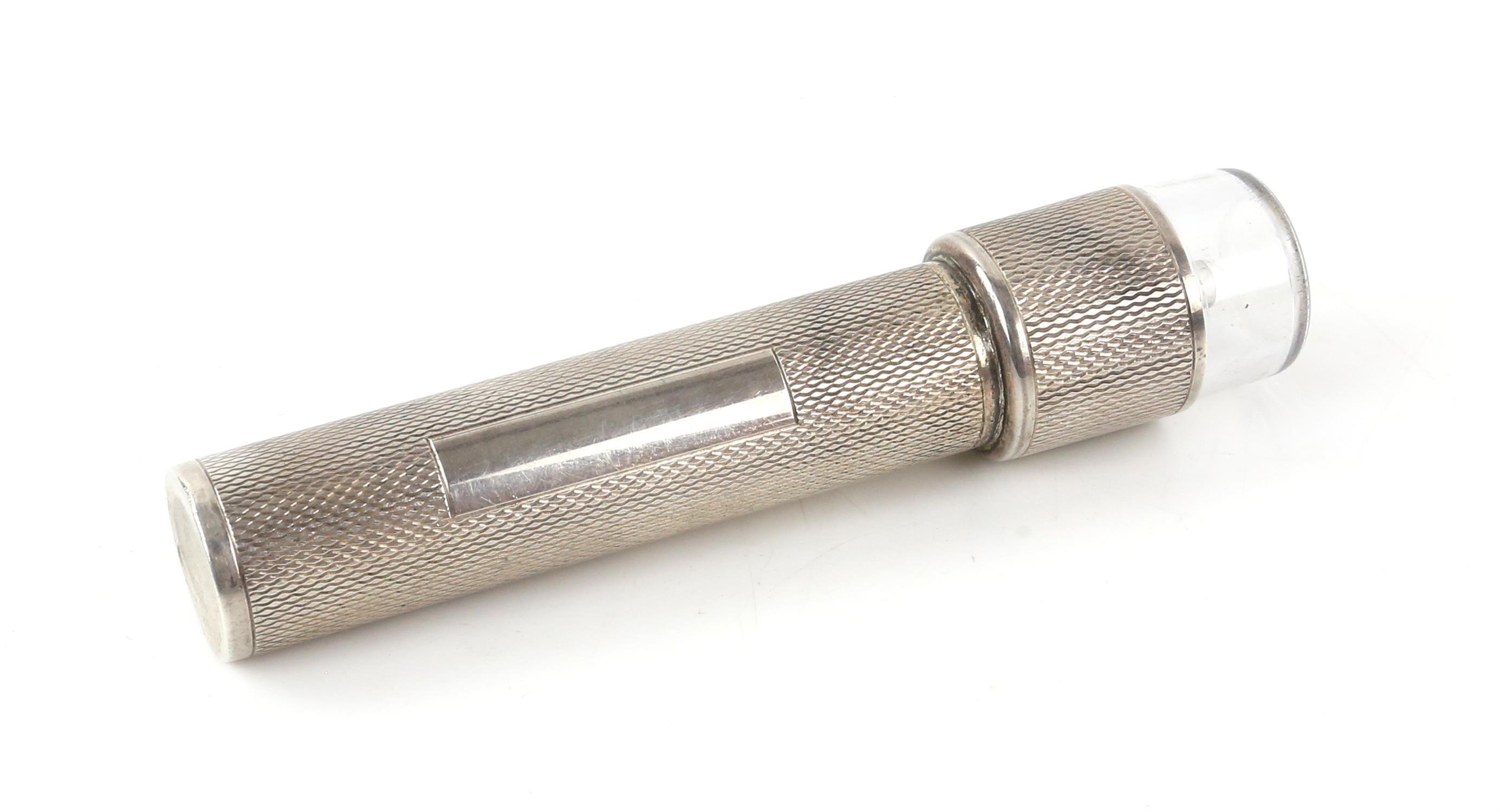 Large silver hand held torch with an engine turned finish and a rectangular vacant cartouche by TP, - Image 3 of 4