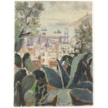 20th century, Continental School, view between trees to a town and harbour below, oil on canvas, 60.