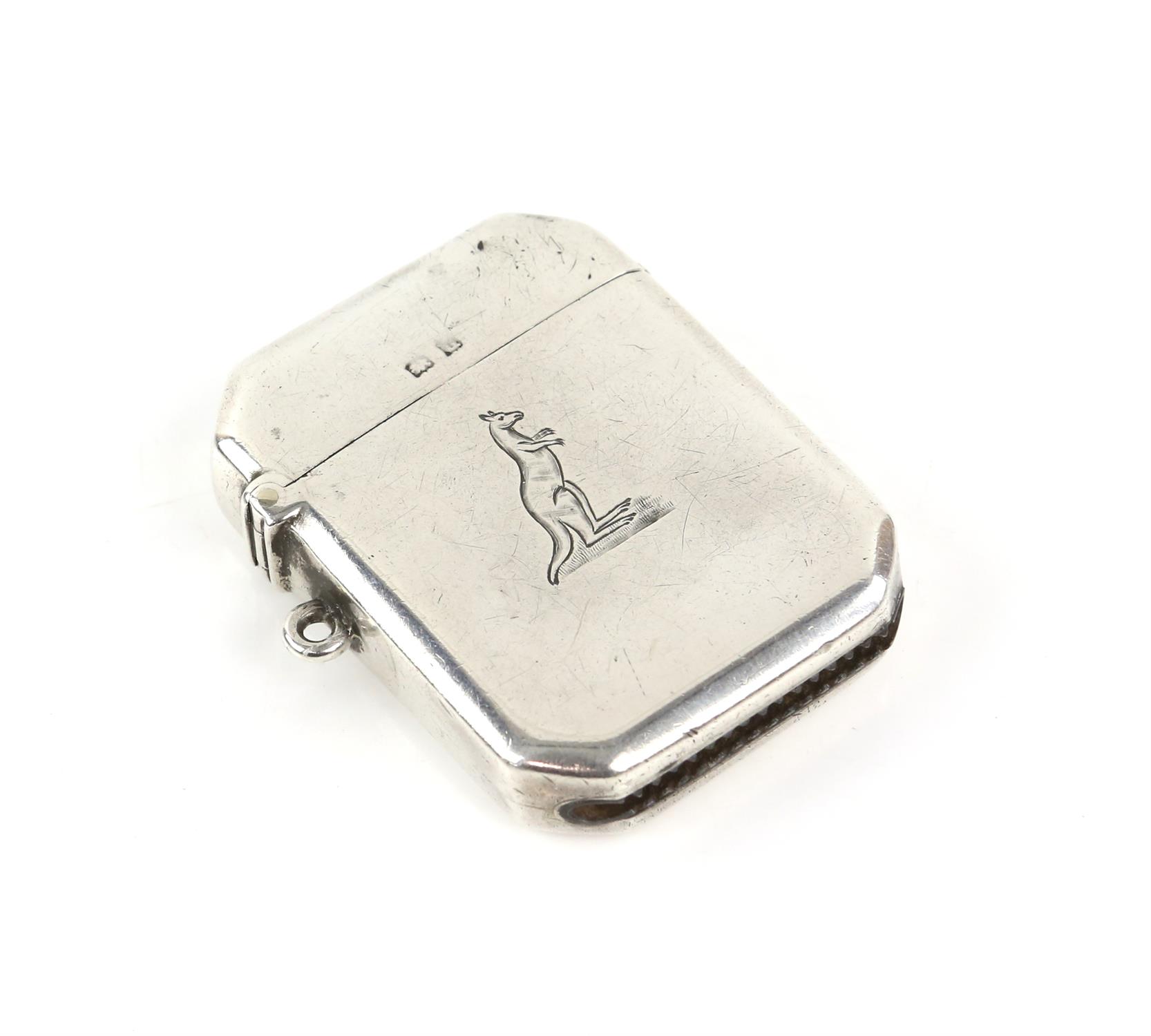Silver octagonal form vesta case with bright cut image of a Kangaroo by Stewart Dawson and Co Ltd,