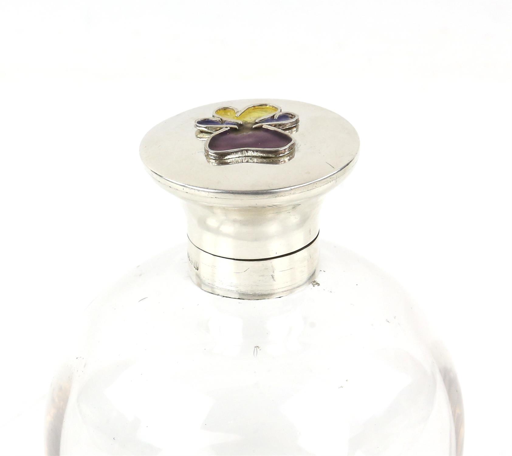 Large silver and enamel perfume bottle with click close lid and original stopper, - Image 3 of 3