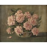 20th century, still-life of pink roses in a bowl, indistinctly signed, oil on canvas, 39 x 49cm,
