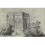 19th century British School, Gothic chapel exterior with figures, pen and ink, 8.5cm x 13.5cm,