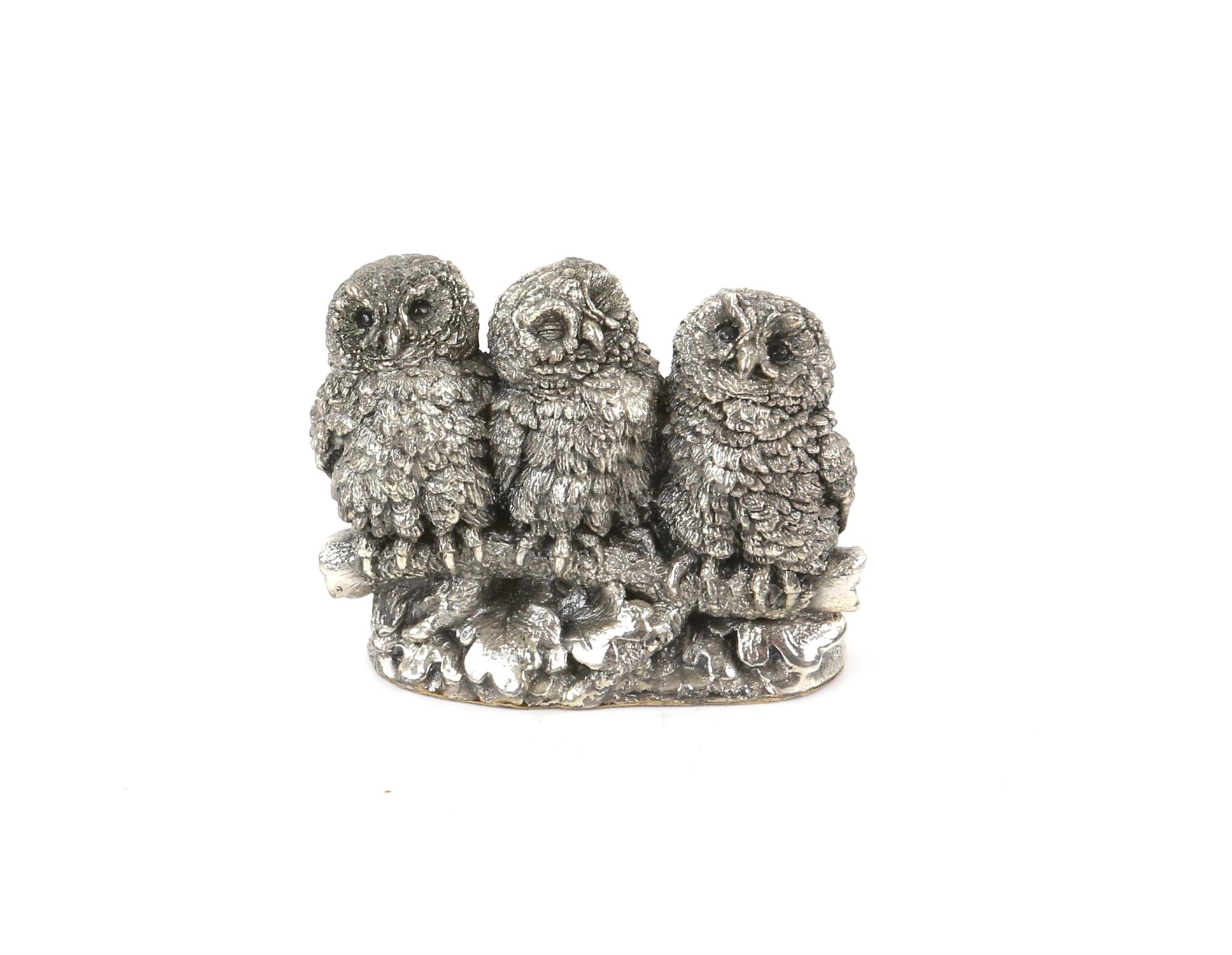 Boxed silver model of three owls on a branch by country artist, Birmingham - Image 2 of 5