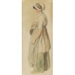 Robert Hills (British, 1769-1844), 'Milkmaid', pencil drawing and watercolour, 22cm x 9cm,