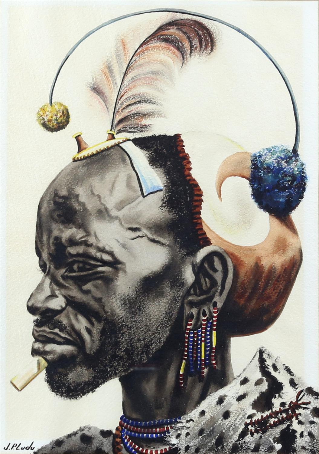 J P Ludu, 20th century, two portraits of African tribal elders, signed, watercolours, 42 x 28. - Image 4 of 5