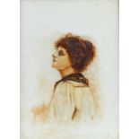 Portrait of a young woman, oil on porcelain plaque, unsigned, 29 x 21cm. With photograph of a
