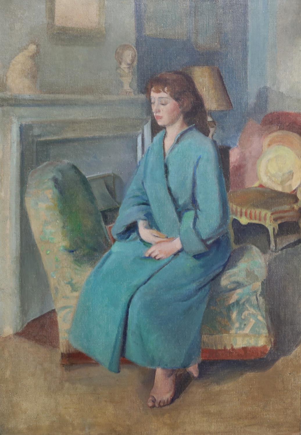 REVISED ESTIMATE Style of Francis Helps, 20th century, interior scene with a lady seated on a day