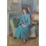 REVISED ESTIMATE Style of Francis Helps, 20th century, interior scene with a lady seated on a day