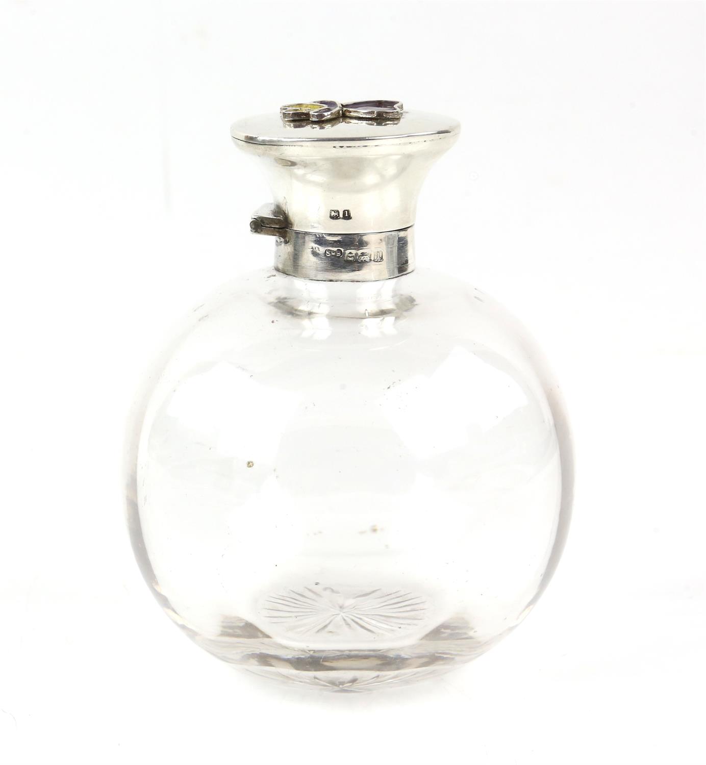 Large silver and enamel perfume bottle with click close lid and original stopper,