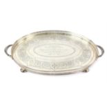 Edward VII silver presentation twin-handled tray with engraved decoration, galleried rim,