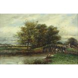 19th century oil on board, river view with bridge and seated man fishing, signed indistinctly,