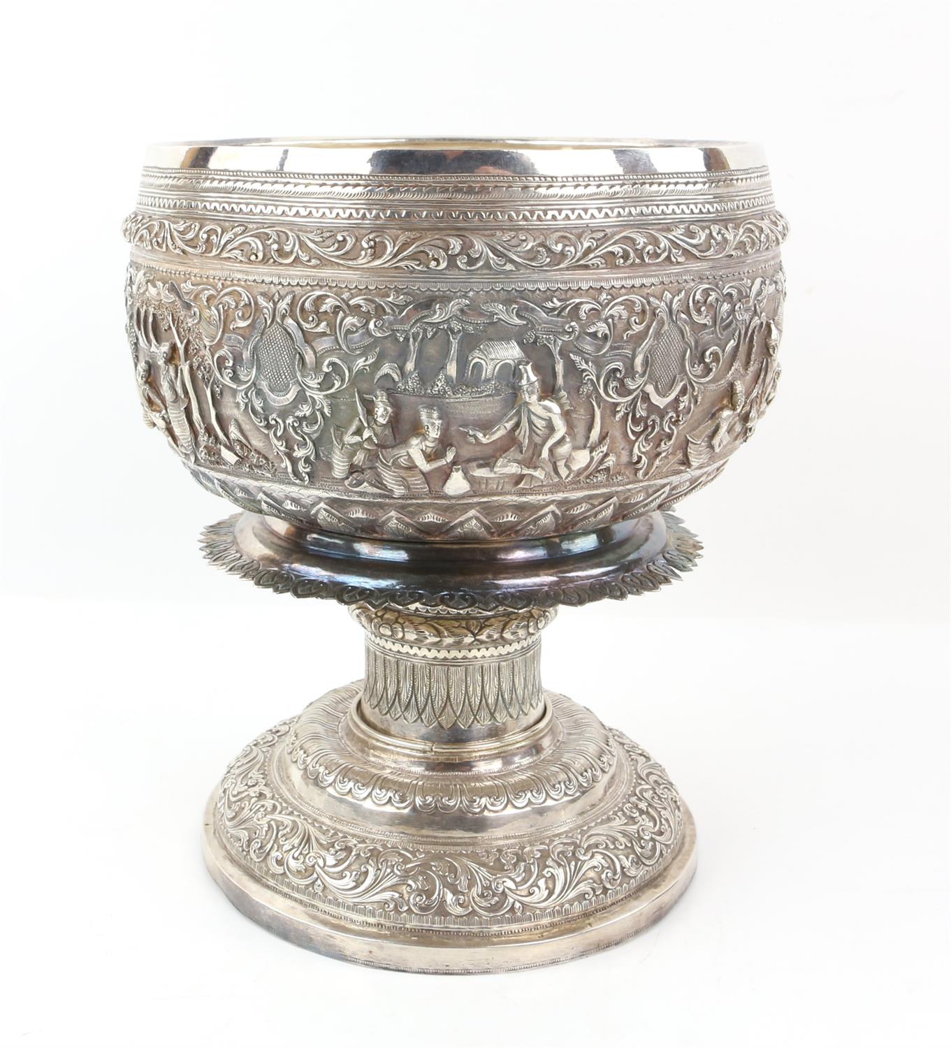 Burmese white metal pedestal bowl and cover with embossed figural and scrolling foliate decoration, - Image 5 of 6