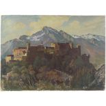 George W Ball (British, 20th century), castle with mountains beyond, signed, oil on board, 36.