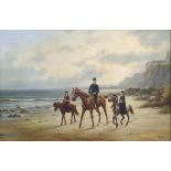 A. Roybet (Early 20th Century). Figures on horseback riding on the beach. Oil on board, signed A.