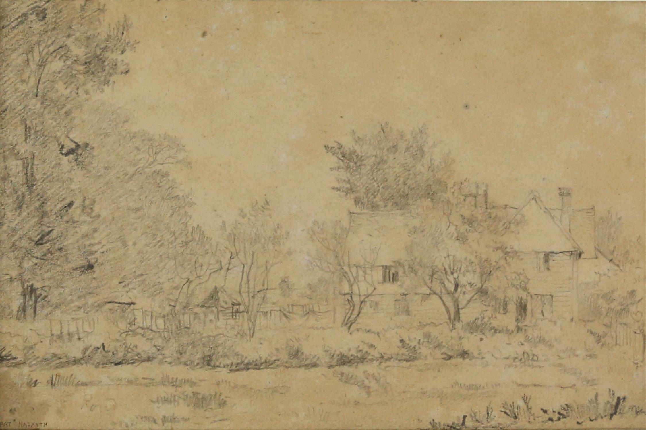 Patrick Nasmyth (British, 1787-1831), landscape with farm house and trees, signed, pencil drawing,