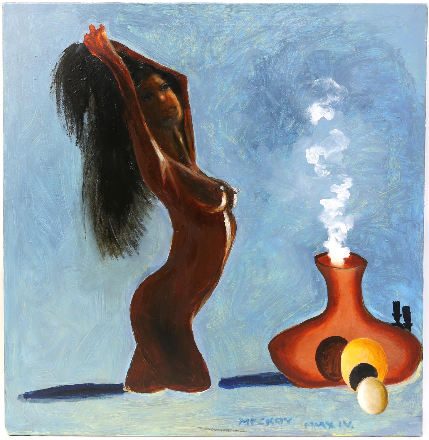 John Mackay (British 20th/21st century), nude stretching beside a vase, signed and dated 2014,
