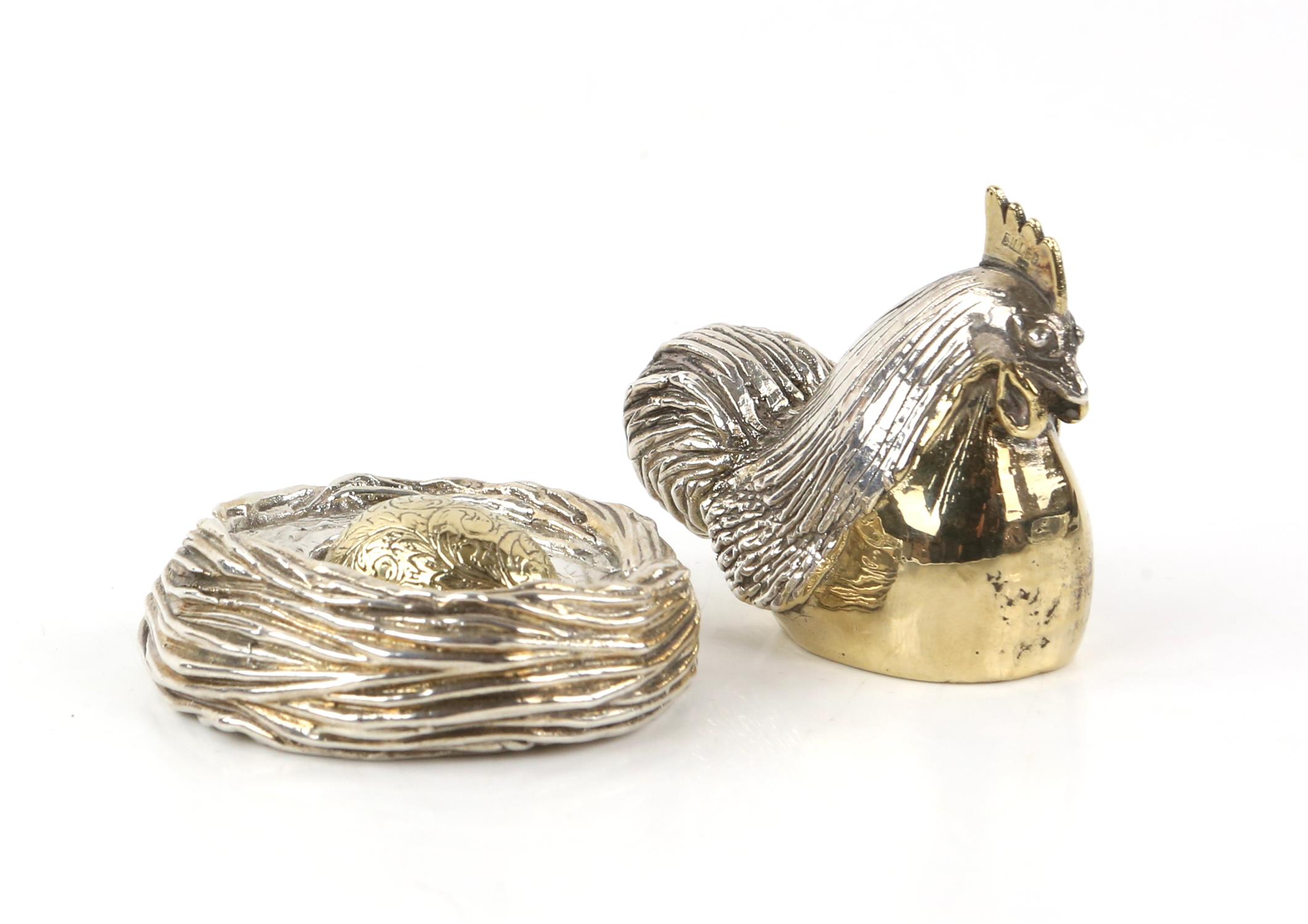 Three piece model of a filled silver chicken with gilt decoration on an egg within a nest by A Ltd, - Image 2 of 5