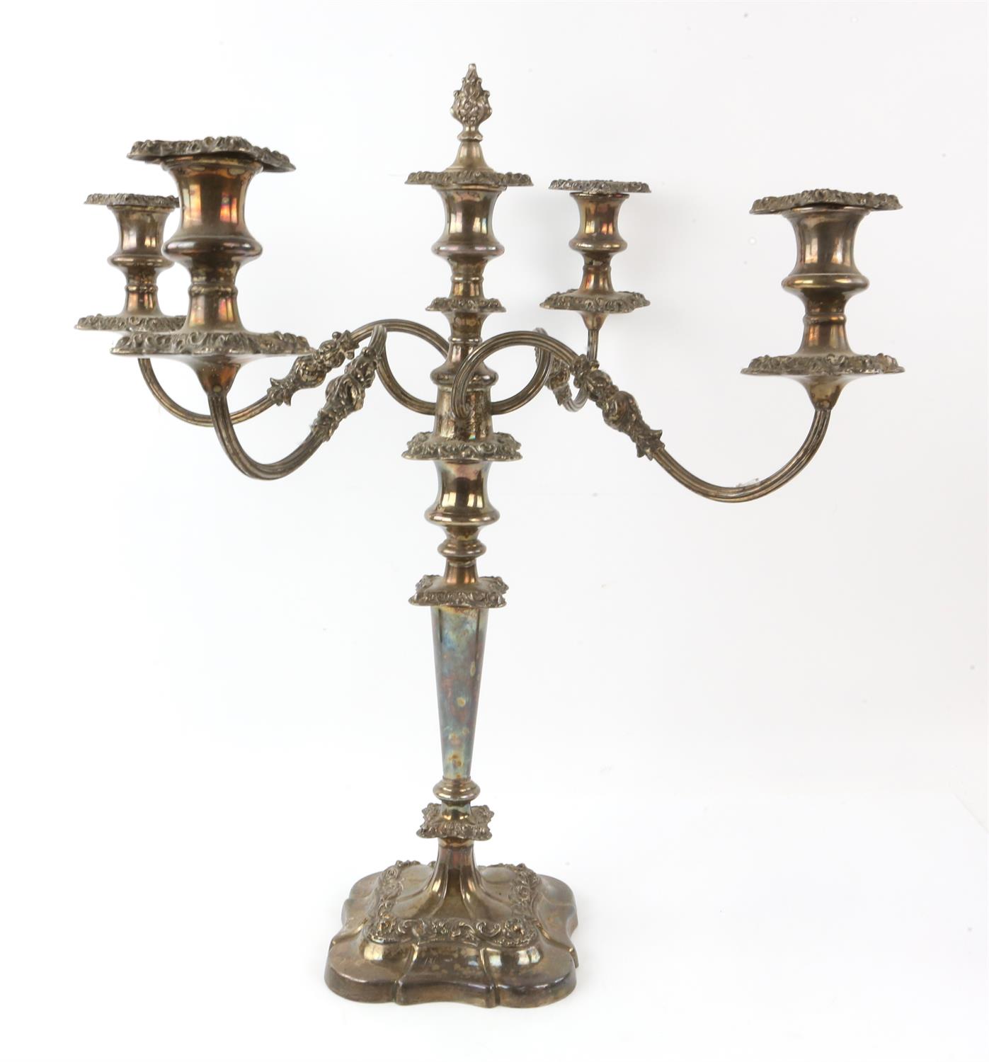 Silver plated five light candelabra, 53cm H. and a three section bottle stand, 38cm - Image 2 of 3