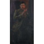 Early 20th century English School, gentleman lighting his pipe, oil on canvas, 45cm x 25cm