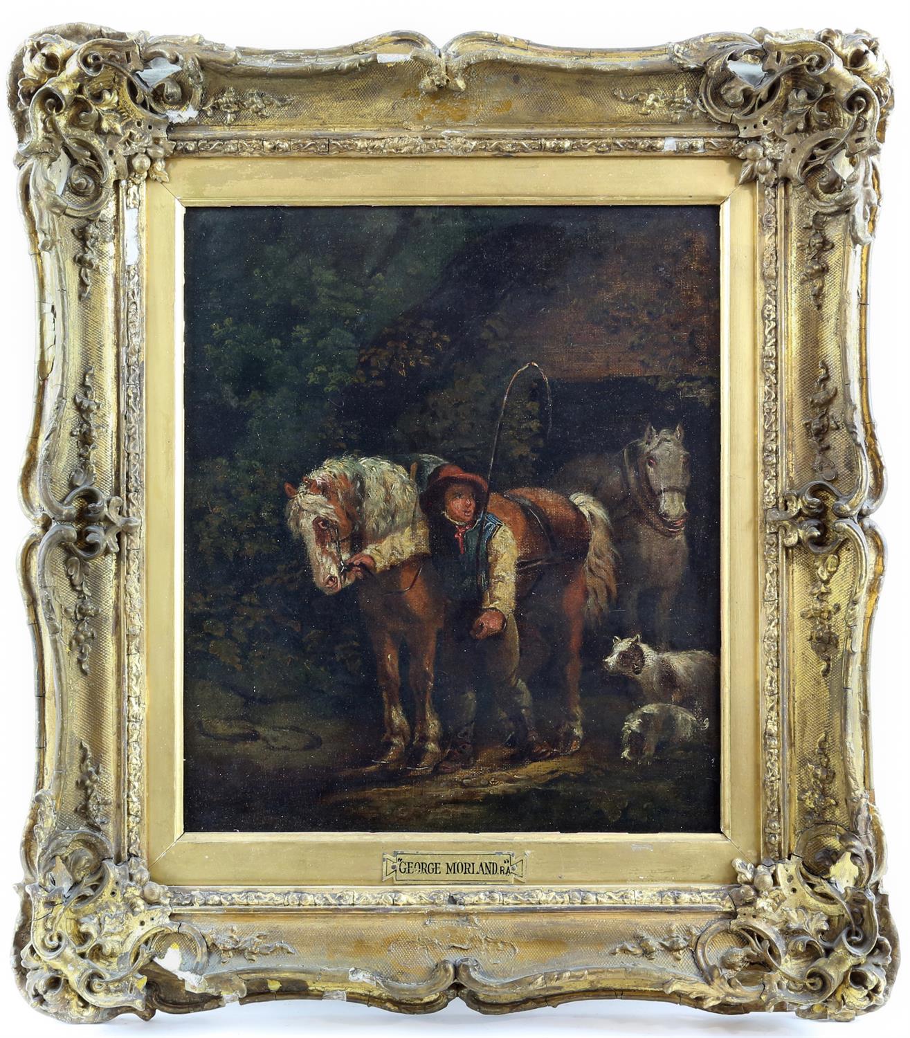 Style of George Morland, 19th century, stable hand with horses and dogs, oil on canvas, 34. - Image 2 of 3