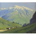 Benito Ramos Catalan (Chilean, 1888-1961), landscape with cattle on a pass and snow-capped