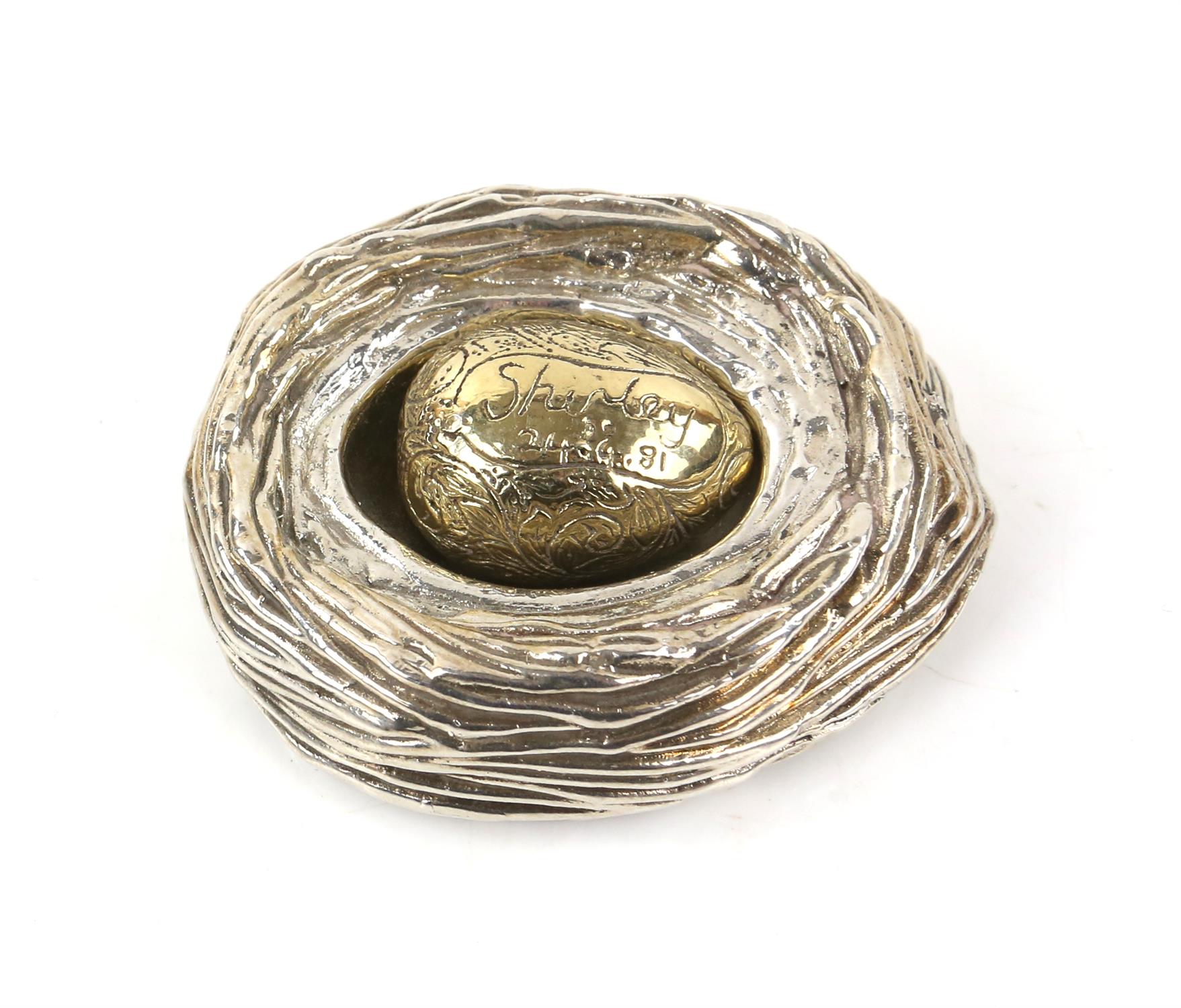 Three piece model of a filled silver chicken with gilt decoration on an egg within a nest by A Ltd, - Image 5 of 5