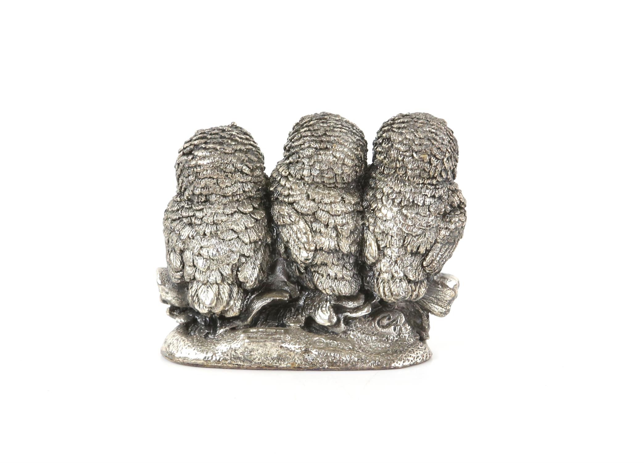 Boxed silver model of three owls on a branch by country artist, Birmingham - Image 4 of 5