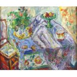 A Roland, 20th century, interior scene with chair, fruit and mug on a table, signed, oil on canvas,