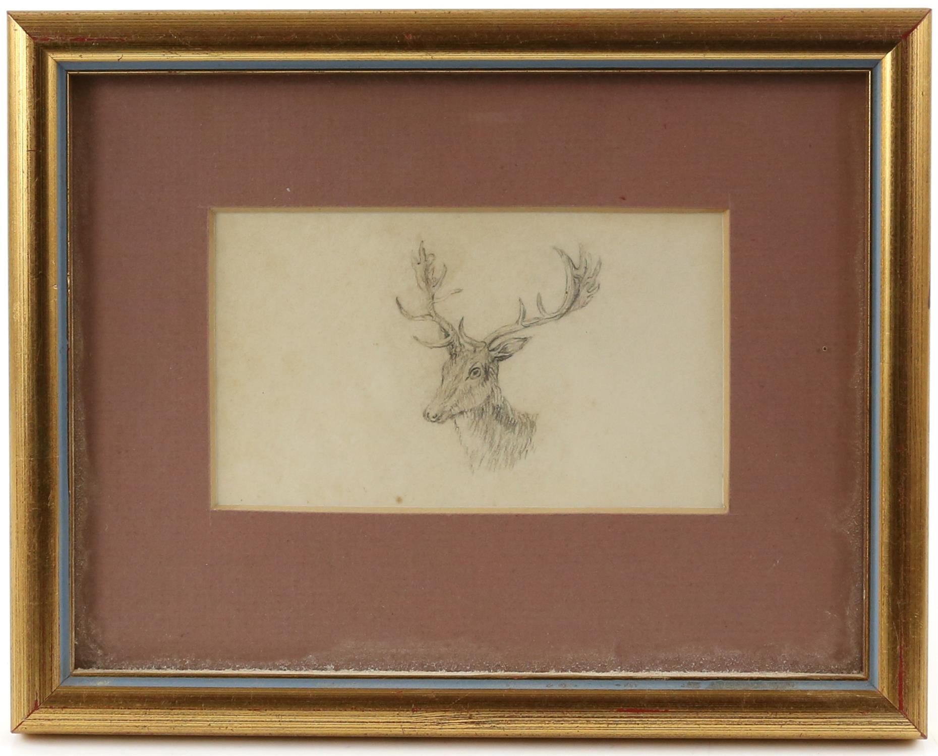 19th century English School, stag's head, pencil drawing, 6.5cm x 11cm, From the property of a - Image 2 of 3