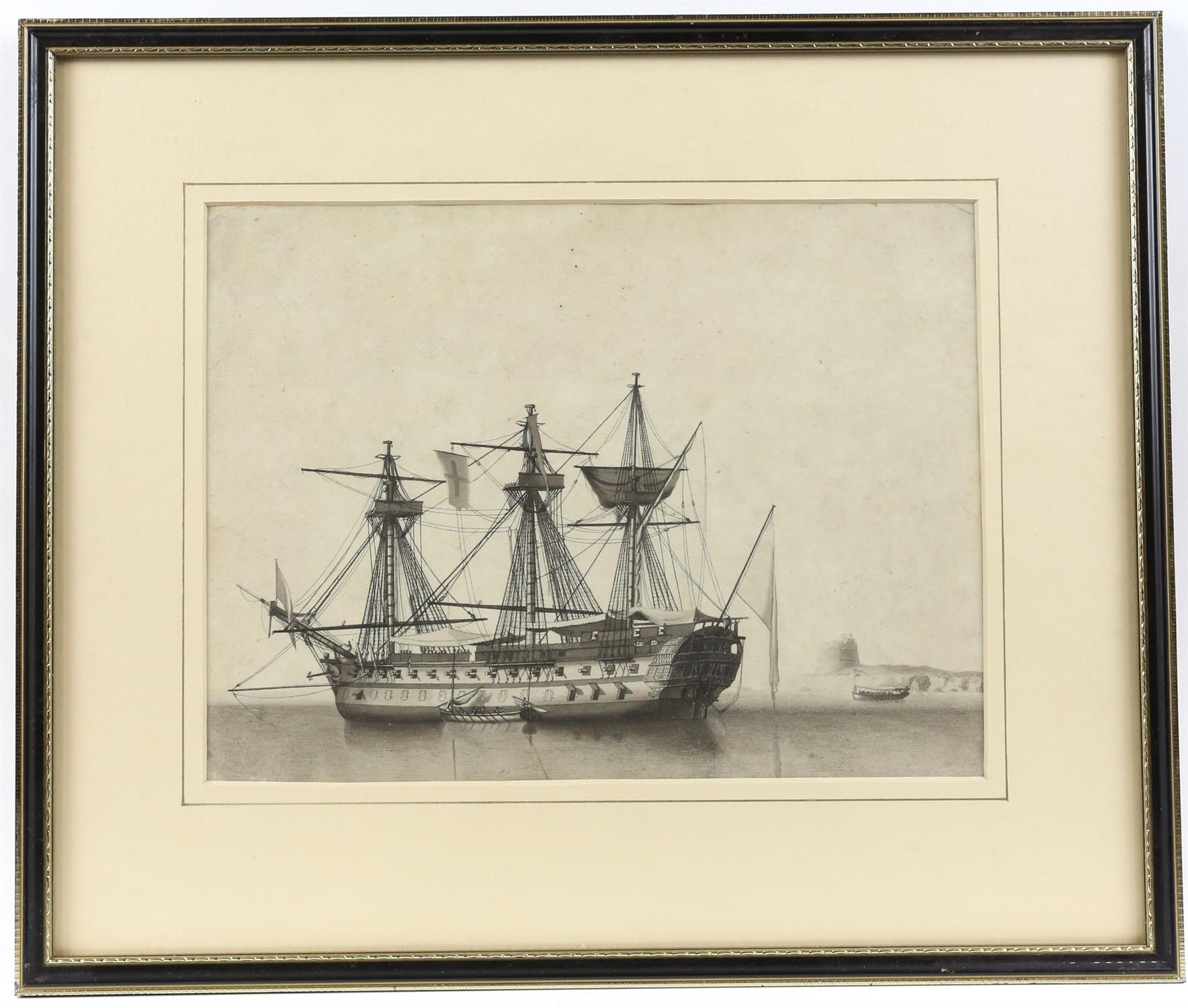 19th century English School, ship at anchor, grey wash, 21.5cm x 29cm, From the property of a - Image 2 of 3
