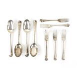 Set of four Edward VII silver rat-tail pattern table spoons, and five matching dessert forks,