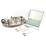 Small quantity of silver plate including a two handled gallery tray, three piece tea service,